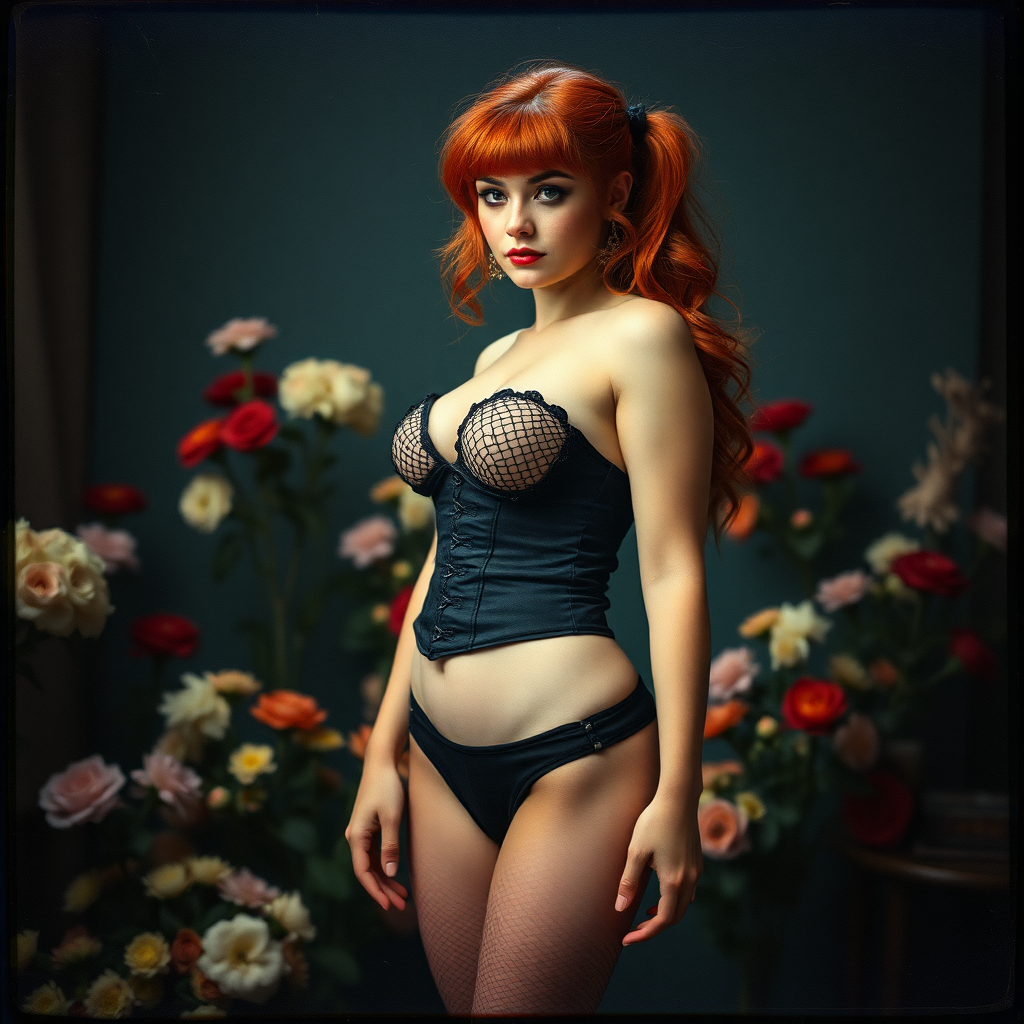 a scan of an old film photo with heavy dark vignetting and color ting and light leak and visible wear and cracking with visible lines from being folded depicting a sexy curvy alt goth girl with red hair wearing a cupless underbust corset and fishnet bra barely covering nipples and black stockings with thong panties standing in a photography studio filled with flowers