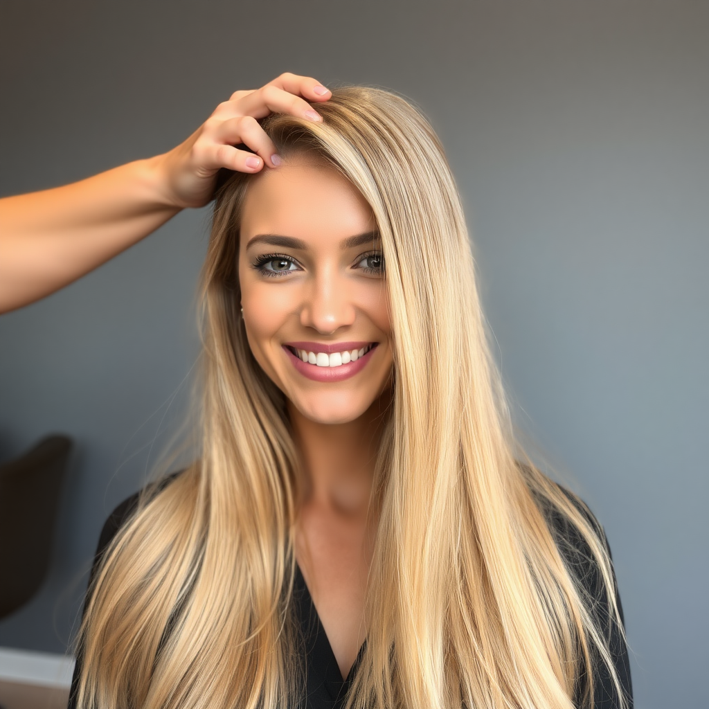 POV, beautiful very long haired blonde woman sitting in a hair salon smiling at the camera while I reach out from behind the camera to massage her scalp. My fingers are in her hair rubbing her scalp while her hair is covering my hands. Plain gray background.