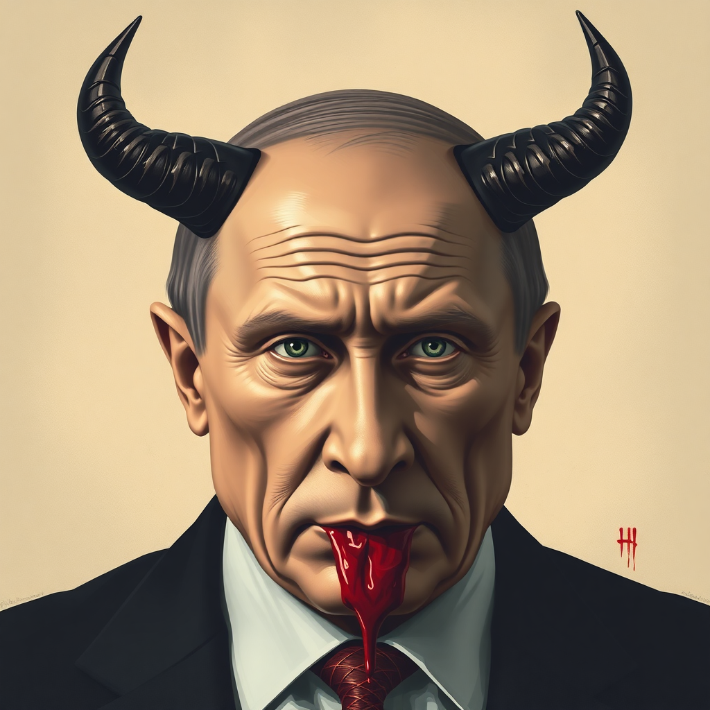 Putin with evil horns, blood dribbling from mouth.