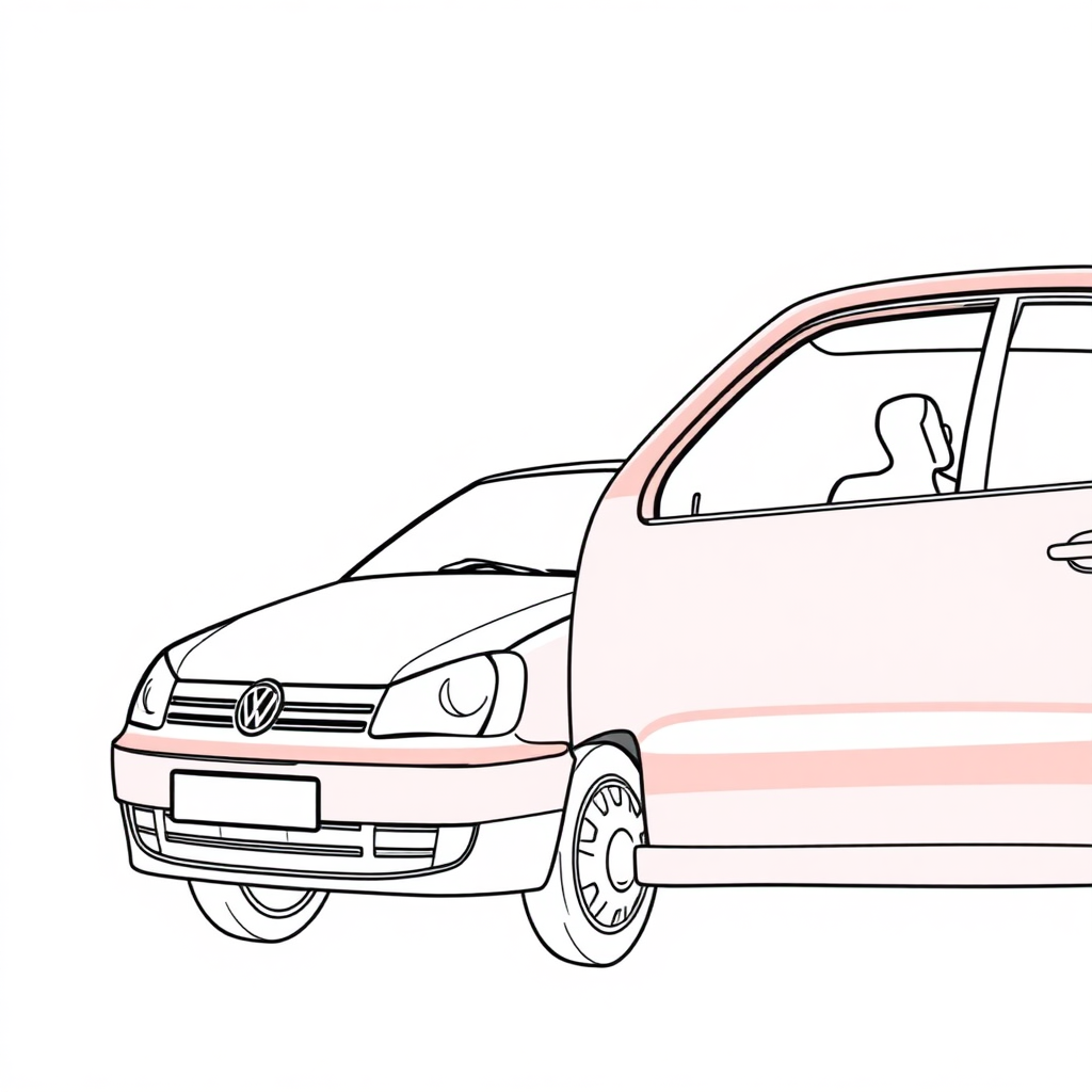 red vw polo II car, driver's door wide open, long establishing shot, 2D, caricature, cartoon, Sketch lines, coloring book, coloring book style on white background, well composed, clean coloring book page, No dither, no gradient, strong outline, No fill, No solids, vector illustration, realistic proportions, blueprint, left side view