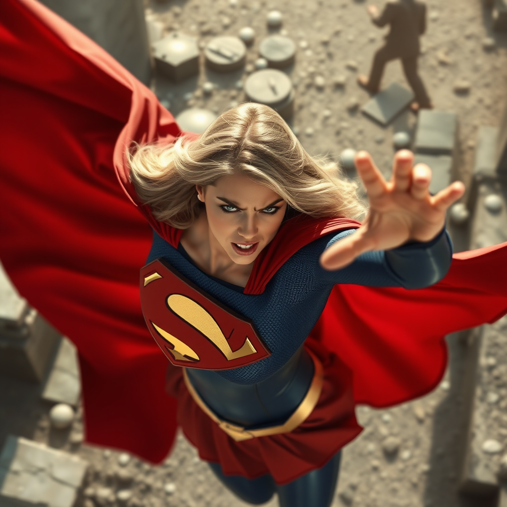 A snapshot from above supergirl angry against the enemy in front of her.