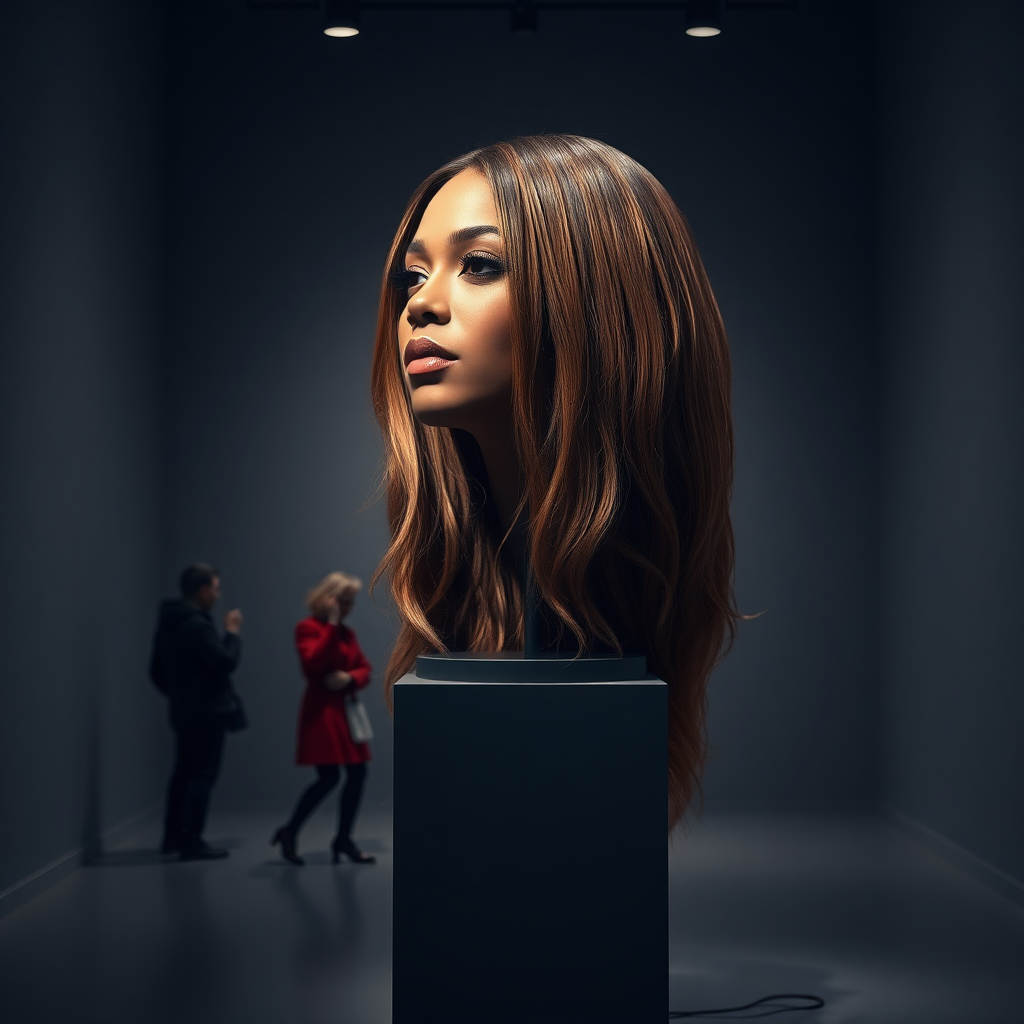 In a dimly lit exhibition hall that captures the essence of avant-garde artistry, a striking centerpiece commands attention—a stunning, life-sized reproduction of Beyoncé's disembodied head, artfully displayed atop an elegant, minimalist stand. Her luscious, cascading hair, flowing down like silken waterfalls, glimmers under soft spotlights, revealing various shades of deep ebony, sun-kissed caramel, and rich mahogany. Each strand of hair appears meticulously styled, evoking a sense of ethereality that captivates passersby.

The exhibit's atmosphere is infused with an intriguing blend of fascination and subtle mystery. The plain gray background serves as a striking contrast, emphasizing the intricate details of the head's delicate features and the sheer volume of her luxurious hair. As viewers meander through the exhibit, whispers of awe ripple through the crowd—an electric anticipation fills the air, punctuated by the occasional gasp, as onlookers contemplate the artistic statement of beauty and identity.

Glimmers of ambient lighting dance upon the hair, creating an almost dreamlike effect that draws the eye, while the subtle scent of polished wood and fresh paint lingers in the air, enhancing the sensory experience. Amidst this surreal setting, a skilled magician steps forward, performing deft sleight of hand tricks that play with illusions of reality, making it feel as though Beyoncé's hair might come alive at any moment. Curiosity intertwines with enchantment, making each viewer ponder the boundaries of beauty, art, and expression.