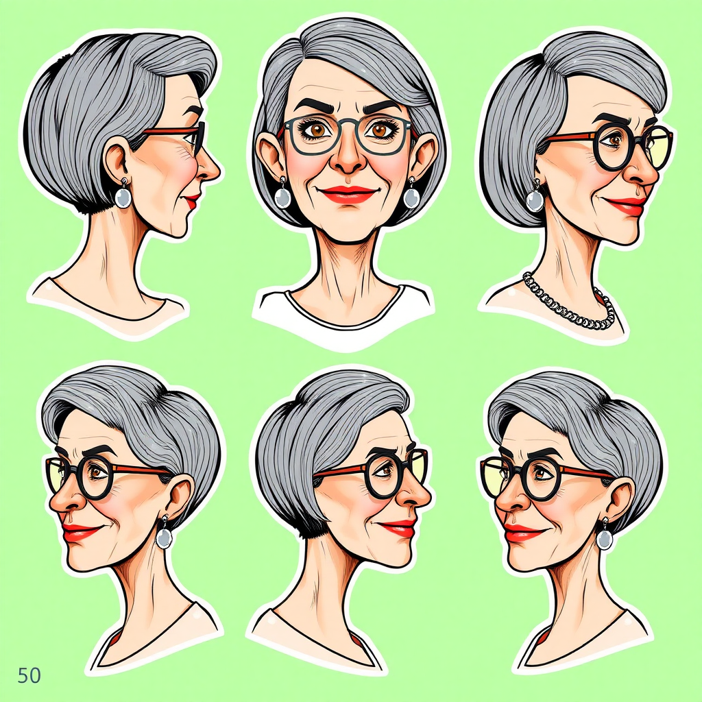 Photorealistic image of six headshots of a 50 Years old, European, Latina, sharp aquiline nose, wrinkles, high cheekbones, Middle Eastern, Skinny, Tanned skin, Dark light skin, full Makeup, jewelry, Sharp nose, frowning, exaggerated cartoon expression, lascive smile, dark grey Ash hair, short bowl haircut, Brown eye color, round Glasses, with detailed features. Each photo displays the same face in back, profile and front view, cut out and isolated on a green background. All six heads are visible side by side, empty space around each view, no overlapping. 2D, caricature, cartoon, Sketch lines, coloring book style, well composed, clean coloring book page, No dither, no gradient, strong outline, vector illustration.