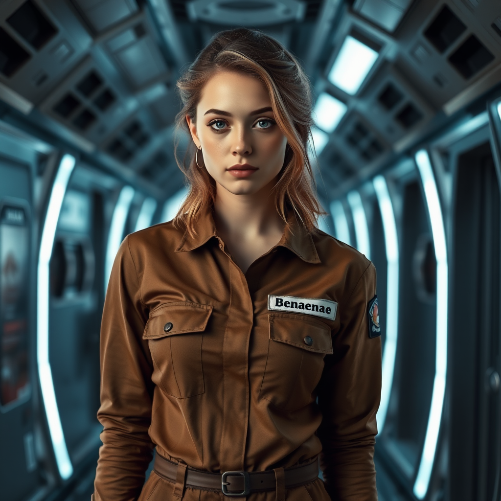 A twenty-something female like Ana de Armas, athletic, medium-length wild strawberry blond hair, in a brown jumpsuit standing in a dimly lit hallway of a spaceship with a military uniform name tag sewn on her left chest pocket that says "Benaenae."