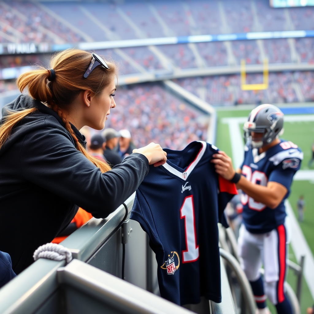 Attractive female NFL fan, pigtail hair, leaning forward over first row stadium barrier, handing over a spare jersey to NFL player who's in the field, player autographs it.