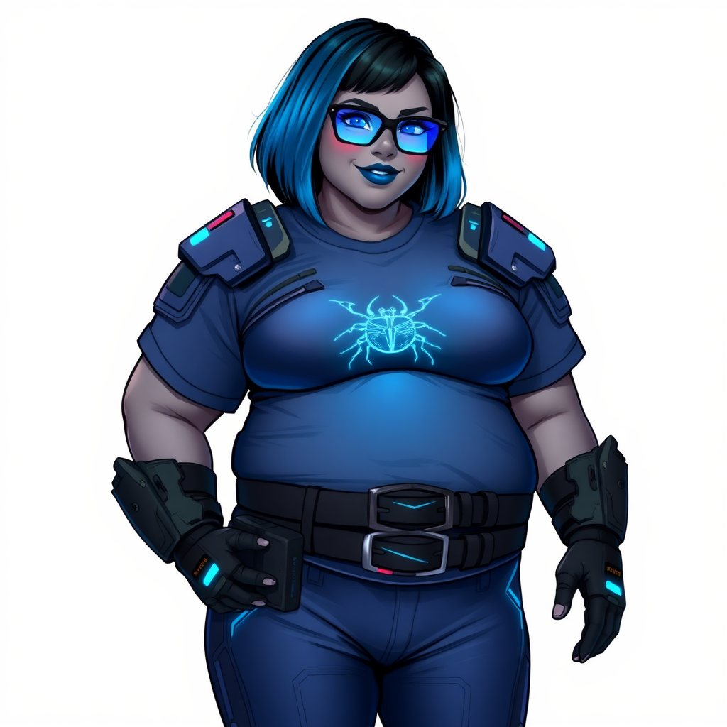 A 28-year-old, full-figured, metallic middle gray (N5) skinned computer program hybrid with a maximum blue bob cut. She has a full-figured, non-athletic build, highlighted by a prominent, round, large midsection (with full emphasis on her large belly), which shows the effects of her new love of junk food acquired from her boyfriend. As the full-figured, nerdy, digital sidekick to her cyberpunk vigilante boyfriend, her metallic middle gray (N5) skin and maximum blue lipstick emphasize her digital nature. She wears a digital, computerized costume, consisting of a huge, tight-fitting, maximum blue t-shirt with a neon blue glowing chest icon of a beetle, hi-tech shoulder pads with neon blue accents, a black hi-tech belt with a maximum blue beetle digital buckle, digital maximum blue biker pants with neon blue accents, and black hi-tech biker gloves with neon blue glowing accents. Her neon blue glowing eyes, black eyeglasses with neon blue lenses equipped with a built-in HUD, and bashful smile with neon red blush accentuate her nerdiness. She stands bashfully with one hand behind her back and the other hand gently touching her cheek, her costume covering all her skin (including her large midsection) and heavily emphasizing her full-figured physique (especially her large belly). She is clearly non-athletic, with a full focus on her full-figured physique. Despite her full-figured build, she radiates beauty. She has a slim face compared to her physique, accentuating her radiant beauty. She is on a solid white background. She is drawn as if she were in a retro 2D cyberpunk fighting game. Ensure she has a deep middle gray (N5) skin color with a metallic tinge.