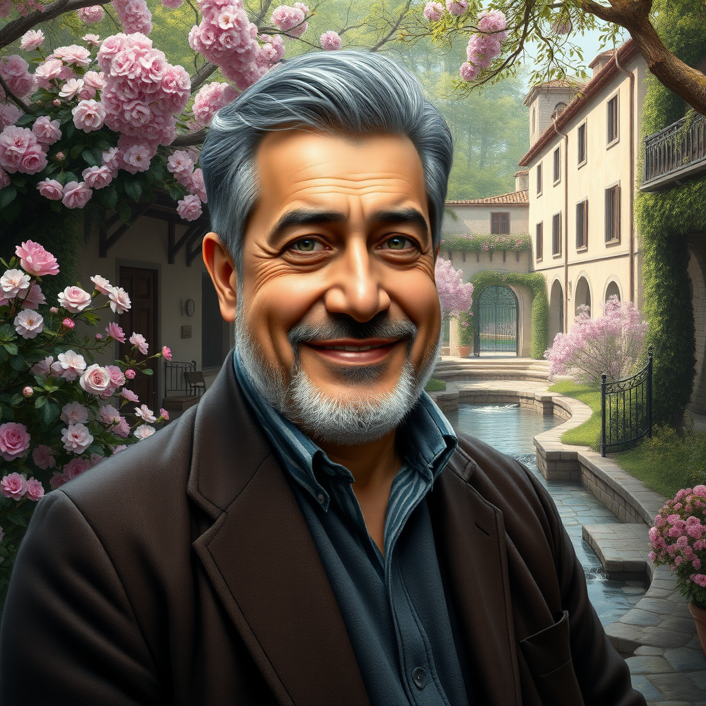 create a captivating and hyper-realistic portrait of a 50-year-old Iranian gentleman, showcasing his sturdy, rounded body and dignified appearance. The image should be rendered in exquisite detail, with a focus on natural colors and subtle shading to create a sense of depth and volume.

The gentleman's face should be relaxed and serene, with a gentle, warm smile that conveys kindness and compassion. His eyes should be bright and expressive, shining with a deep, rich green color that seems to sparkle with inner light and warmth.

His body should be depicted in a relaxed and confident posture, with his broad chest and prominent shoulders evident even under his slightly rounded physique. His muscles should be slightly defined, but not overly prominent, suggesting that he has an athletic build but is not currently actively working out.

The composition should be unique, with a blend of symbolic and emotional resonance through subtle gestures, expressions, or symbolic motifs. The artwork should capture various artistic influences, blending them into a breathtaking masterpiece with a complex yet delicate composition.

The background should be a picturesque historic European garden in full spring bloom, featuring blooming flowers, lush greenery, ornate stone pathways, and a flowing stream.

Technical Specifications:

Rendered in Hyper-realistic 8K resolution with a vast color gamut, indulge all senses in an immersive experience. Employ the finest pigments, metallic flakes, and glass beads to make each texture vibrantly apparent under raking light. Layer glazes with microscopic precision to achieve unparalleled dimensionality, luminous shadows, and depth that pops off the canvas.

Inspirations and Influences:

Inspired by the Old Masters' unrivaled realism heightened with drama, saturate the composition in a magical chiaroscuro glow. Define each contour, crease, and pore to photorealistic accuracy with minuscule brushes made from squirrel or sable fur. Infuse the forms with dynamic, lively qualities that ignite the imagination.

Final Touches:

The artwork captures various artistic influences, blending them into a breathtaking masterpiece with a complex yet delicate composition. Ready to be showcased on platforms like ArtStation or Behance, it is a truly unique and visually stunning work of art that exudes harmony and tranquility.

Additional Considerations:

Use of symbolism and metaphors to add depth and meaning. Attention to lighting and shading to create a realistic and immersive atmosphere. Use of various techniques to create a unique and captivating effect.