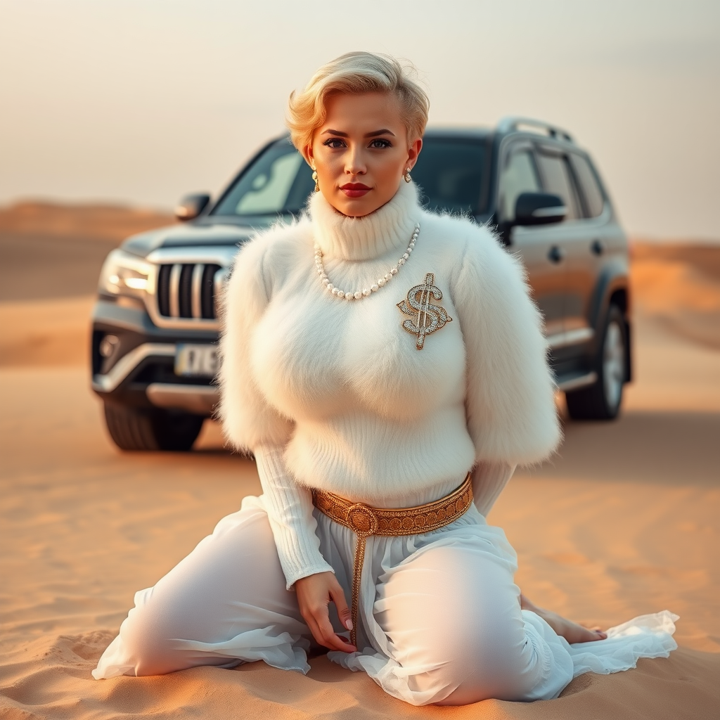 Kuwait desert dunes misty dawn, full size luxury SUV: Melissa, European 17 years old very convincing femboy “trophy-bimbo”, tamed servile docile, very beautiful feminine flawless face, rather short, by hormones very curvaceous womanly figured, platinum blond short tight curls, bold red lips, heavily made-up face, wearing Supertanya-style fluffy very fuzzy bright white angora turtleneck-poncho cropped ending under bust decorated with pearls and gemstones, striking oriental wide gold bridal protection belt, white fully transparent harem pants, full Oriental bridal jewelry including headpiece, nose-ring, coin anklets, striking diamond “$$$” letter brooch on left chest, pout frustrated, hands tied behind back, kneeling in sand in front of SUV, looking at camera. Focus on face and turtleneck-poncho.