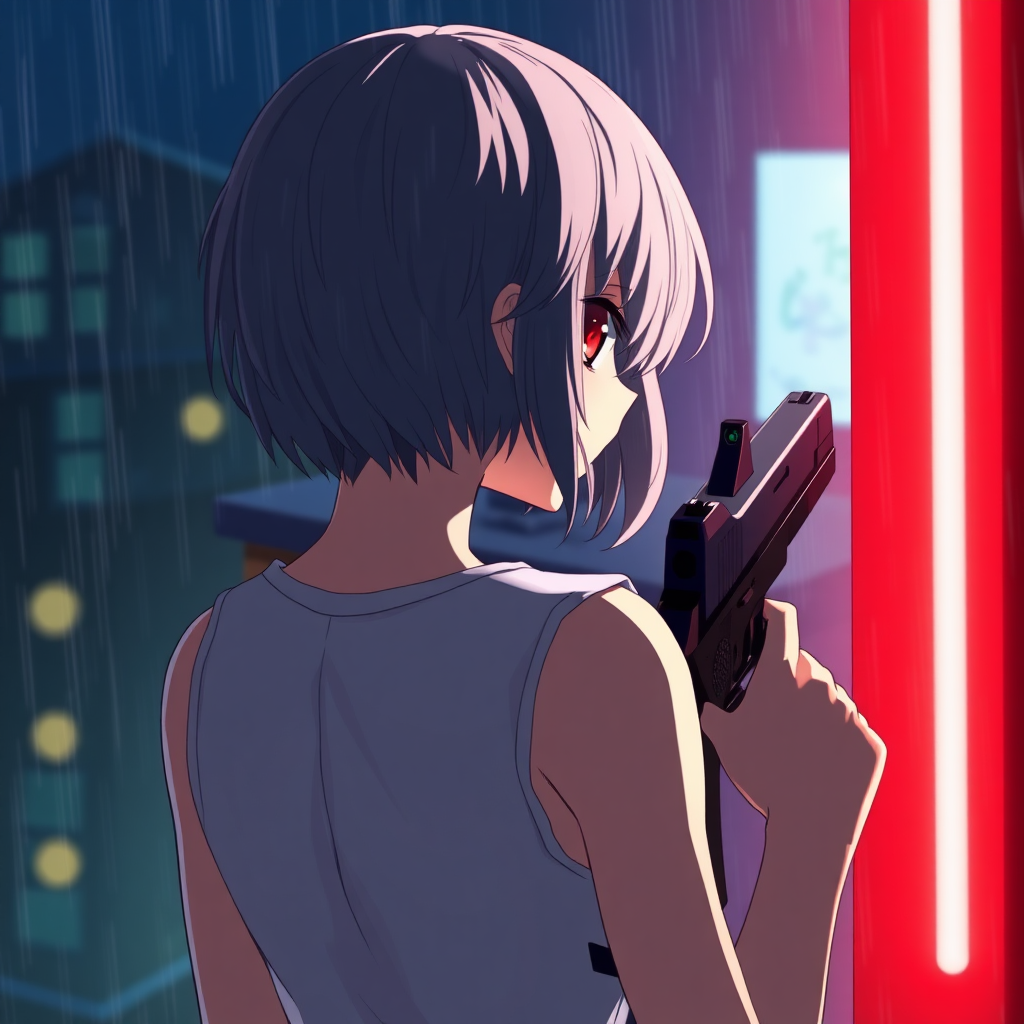 a picture of a girl from back, red eye, medium short gray hair, wearing sleeveless white top, holding pistol, looking out window, night, raining, neon light, dramatic scene, anime style