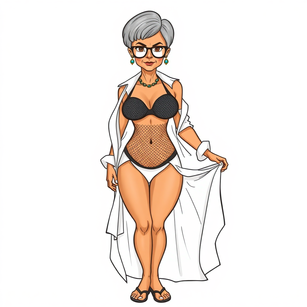 a towering 55 Years old, fit, slim, European, Latina, sharp aquiline nose, wrinkles, high cheekbones, Middle Eastern, Skinny, Tanned skin, Dark light skin, Rounded Medium breasts, Skinny thighs, full Makeup, jewelry, Serious face, Sharp nose, Ash hair, short bowl haircut, Brown eye color, Glasses, with detailed features. she is wearing an open white shirt, a black mesh balconette bras and a tight white high cut 1980s mesh cut out swimsuit and fully transparent white linen slit open pleated mini skirt, detailed fabric, detailed fabric. full body, high heels sandals, rolling up her skirt over her thighs, she is inviting the viewer to get closer, long establishing shot, 2D, caricature, cartoon, Sketch lines, coloring book, coloring book style on white background, well composed, clean coloring book page, No dither, no gradient, strong outline, No fill, No solids, vector illustration, realistic proportions