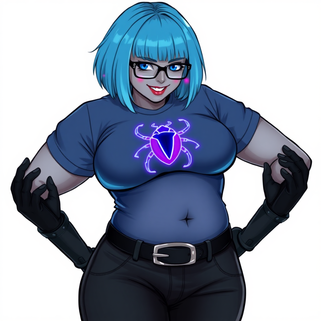 A 28-year-old, full-figured, metallic middle gray skinned computer program hybrid with a maximum blue bob cut. She has a non-athletic build, highlighted by a prominent, round midsection (with a focus on her belly). As a digital sidekick and computer hacker to her cyberpunk vigilante boyfriend, her middle gray metallic skin and maximum blue lipstick emphasize her digital nature. She wears a tight-fitting, maximum blue t-shirt (accentuating her belly) with a neon blue glowing chest icon of a beetle, black pants, a black belt with a sapphire scarab buckle, and black gloves. Her bright blue eyes, black eyeglasses, and lovestruck smile with neon red blush accentuate her nerdiness. She bashfully bows her head and bashfully blushes neon red with her hands behind her back, her t-shirt covering her midsection (especially her belly) and emphasizing her full-figured, non-athletic physique. She is on a solid white background. She is drawn as if she was in a retro 2D cyberpunk fighting game. She is clearly non-athletic, with a focus on her full figure. Make sure her t-shirt covers her midsection (especially her belly).