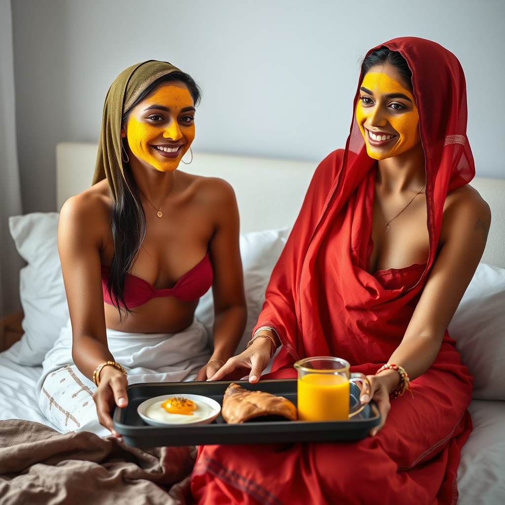 slim, 30 year old, sexy, 2 indian wives, scarf head, turmeric face mask. They are smiling and serving breakfast on a tray on bedside table.