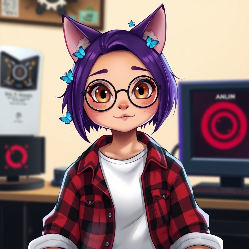 female cat-man without breast/flat chest serious chestnut color with little blue butterflies on her head, a round head, with a purple UNDERCUT hairstyle, hazel eyes, dimples on her cheeks, chubby cheeks, wearing semi-round glasses, a red and black checkered shirt open over a white t-shirt, in front of a desk with a gaming PC, in digital art