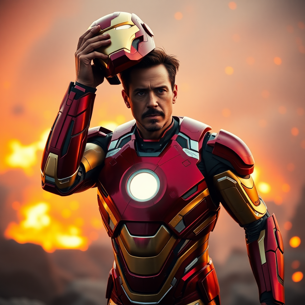 An epic, cinematic scene of tonystark standing heroically, in iron man suit, helmet held aloft, camera angle: sweeping bird's eye view, with vibrant colors and sharp contrasts to make him stand out.