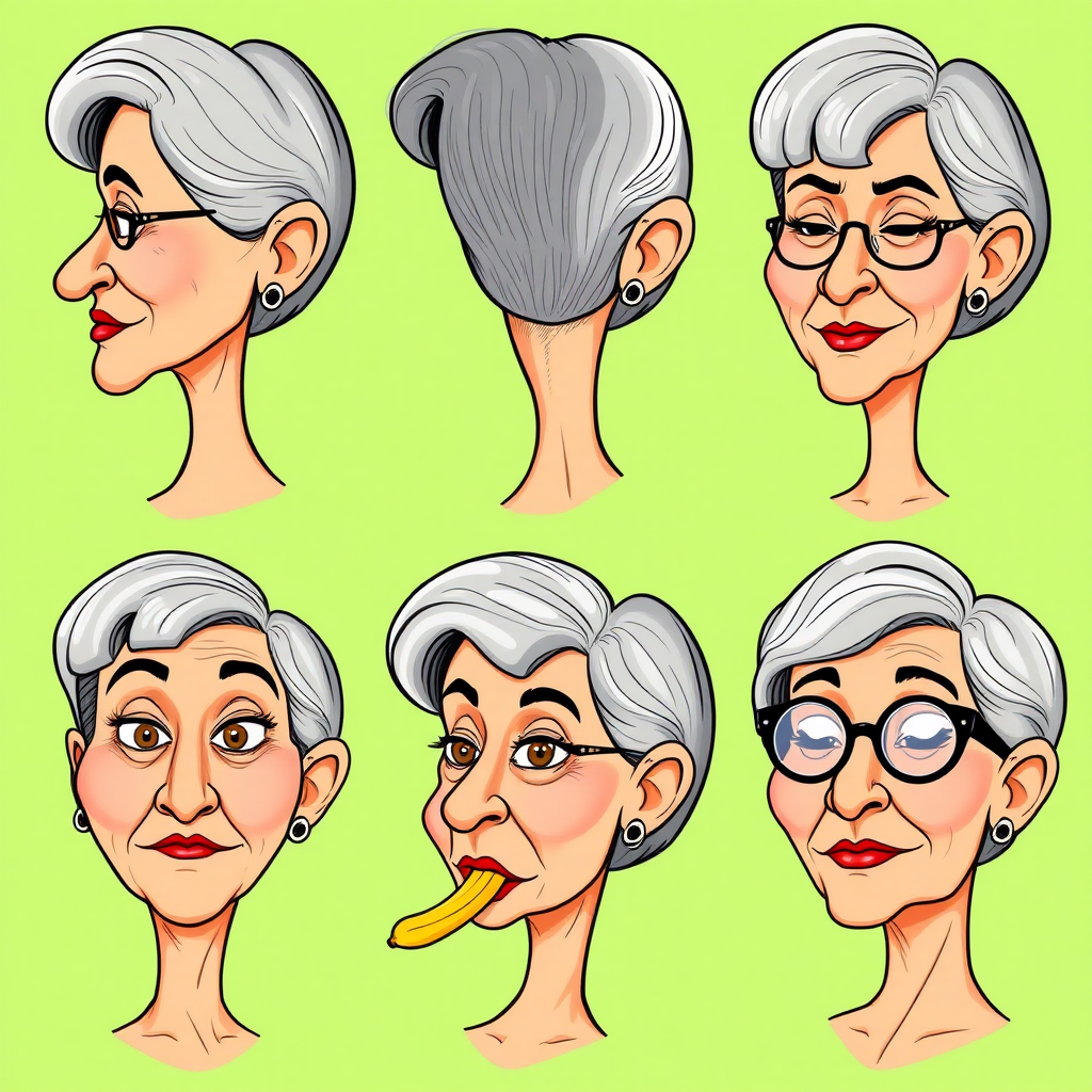 image of six headshots of a 50 Years old, gorgeous, fit, European, Latina, sharp aquiline nose, wrinkles, high cheekbones, Middle Eastern, Skinny, Tanned skin, Dark light skin, full Makeup, jewelry, Sharp nose, frowning, exaggerated cartoon emotions, lascivious, biting a banana, dark grey Ash hair, short bowl haircut, Brown eye color, half closed eyes, round Glasses, with detailed features. Each photo displays the same face in back, profile and front view, cut out and isolated on a green background. All six heads are visible side by side, empty space around each view, no overlapping. 2D, caricature, cartoon, Sketch lines, coloring book style, well composed, clean coloring book page, No dither, no gradient, strong outline, vector illustration