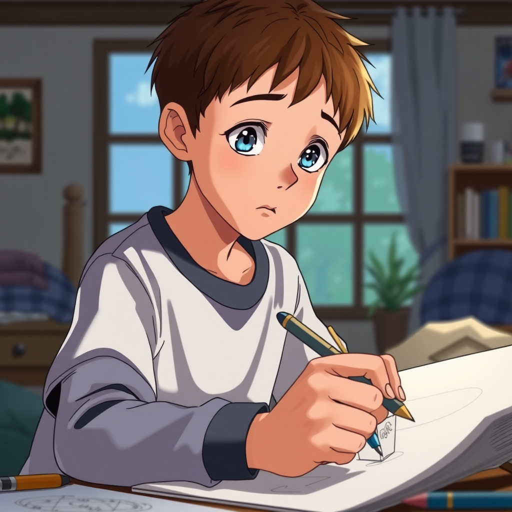 A 12 year old boy with a pen in his hand. He has blue eyes, brown short hair and he has a concentrated look. He is drawing in his room. Anime, studio ghibli totoro style.