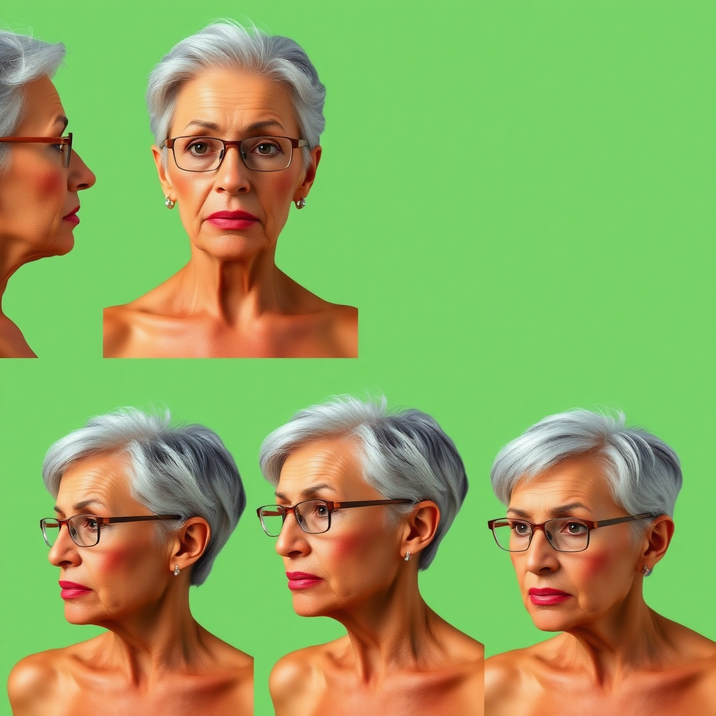 Photorealistic image of six headshots of a 55 Years old, European, Latina, sharp aquiline nose, wrinkles, high cheekbones, Middle Eastern, Skinny, Tanned skin, Dark light skin, full Makeup, jewelry, Serious face, Sharp nose, frowning, Ash hair, short bowl haircut, Brown eye color, Glasses, with detailed features. Each photo displays the same face in profile and front view, cut out and isolated on a green background. All six heads are visible side by side, empty space around each view, no overlapping.