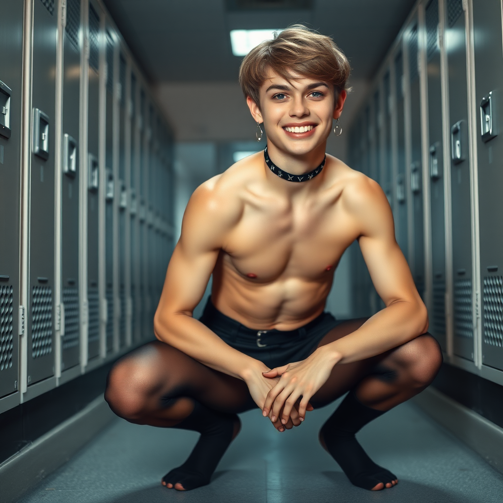 photorealistic, ultra high resolution, 16K, surreal fantasy, studio lighting, Tyler Swift is a pretty 18 year old dog-boy, slim male physique, crotch bulge, short brown hair, goth makeup, earrings, spikey dog collar, black pantyhose, crouching on the floor in the locker room, excited smile, full body view, facing the camera.