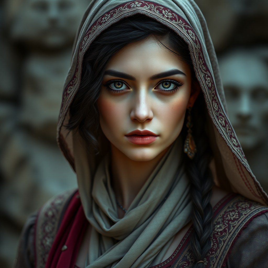 In the world of Vampire the Dark Ages, a 17-year-old Muslim woman with Arabic features and a cadaverous complexion, dressed like a medieval Persian woman. The image should depict the character from head to waist. high definition, photorealistic, 16K.