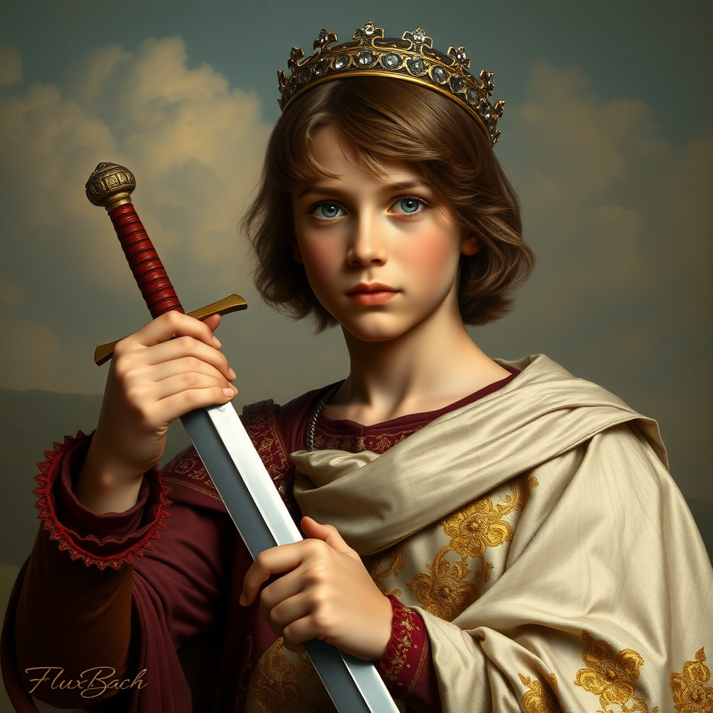 16yo teen boy prince holds his 1 small sword in his right hand by the hilt, long bob cut, embroidered with gold and diamonds medieval cloths, diamond diadem, and Beautiful War, natural Skin Texture, visualization of embossed Skin using the play of light and shadow. Free style by 50% Adolphe William Bouguereau and 15% Sandro Botticelli and 35% Otto Lomüller, The background is in the style of landscape style by Antonio del Polaiolo. Studio lighting, professional lighting. Generating the signature at the bottom: FluxBach. ultra high resolution, 16K,