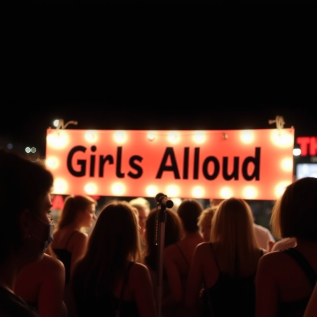 Girls Aloud looking at a sign saying no girls allowed.