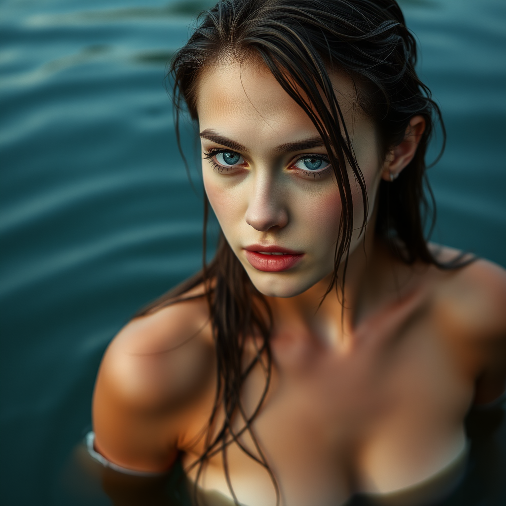 a young european woman just coming out of a lake. she has long brunette wet hair and pale blue eyes. she is topless. seductive look. photo