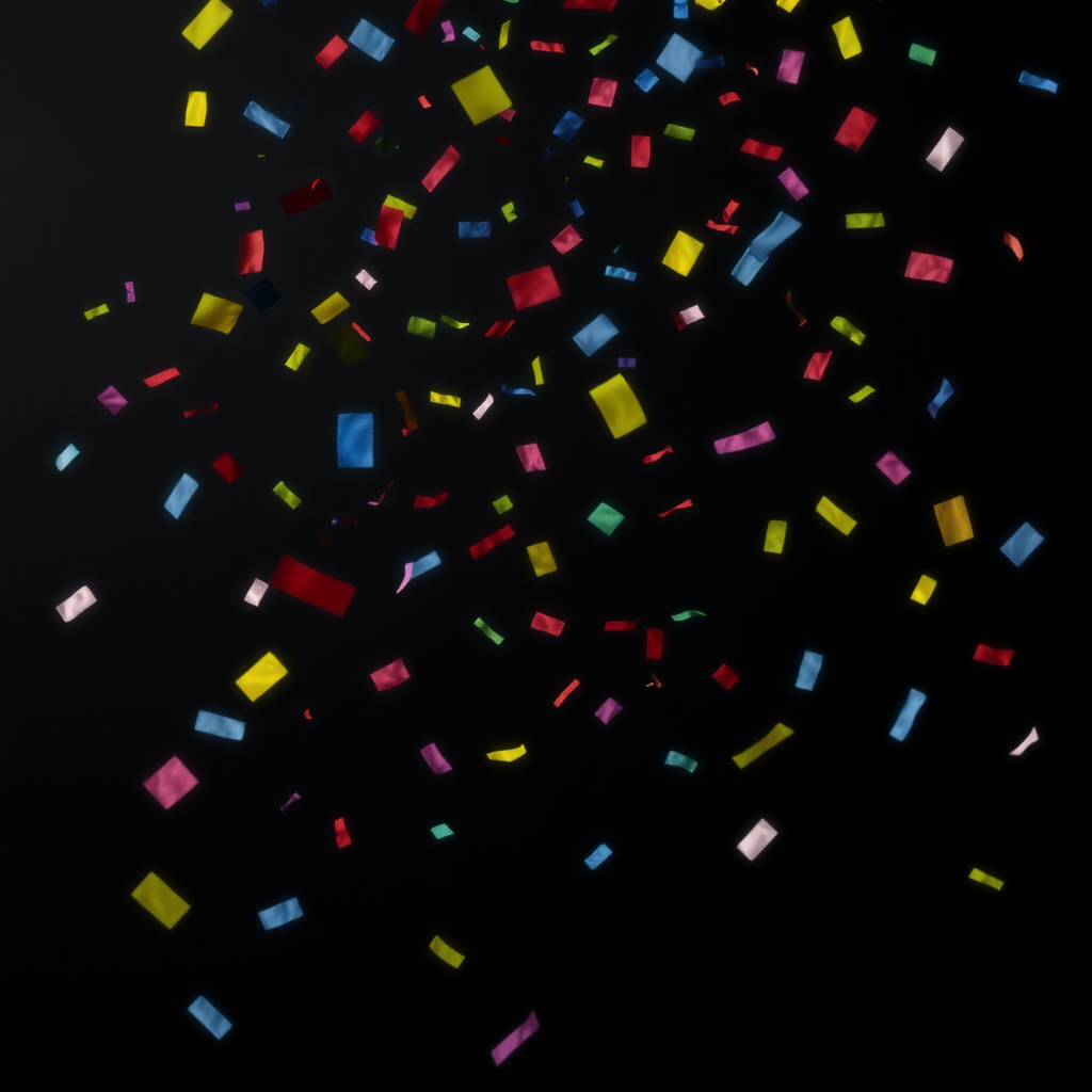 A high-resolution, dynamic image depicting colorful confetti pieces falling through the air against a plain black or dark background. The confetti should be shown in various stages of descent, creating a sense of motion and liveliness. The confetti should include a variety of shapes, sizes, and bright colors such as red, blue, yellow, green, and purple. The overall composition should have a celebratory, festive feel suitable for use as a stock photo or graphic element.