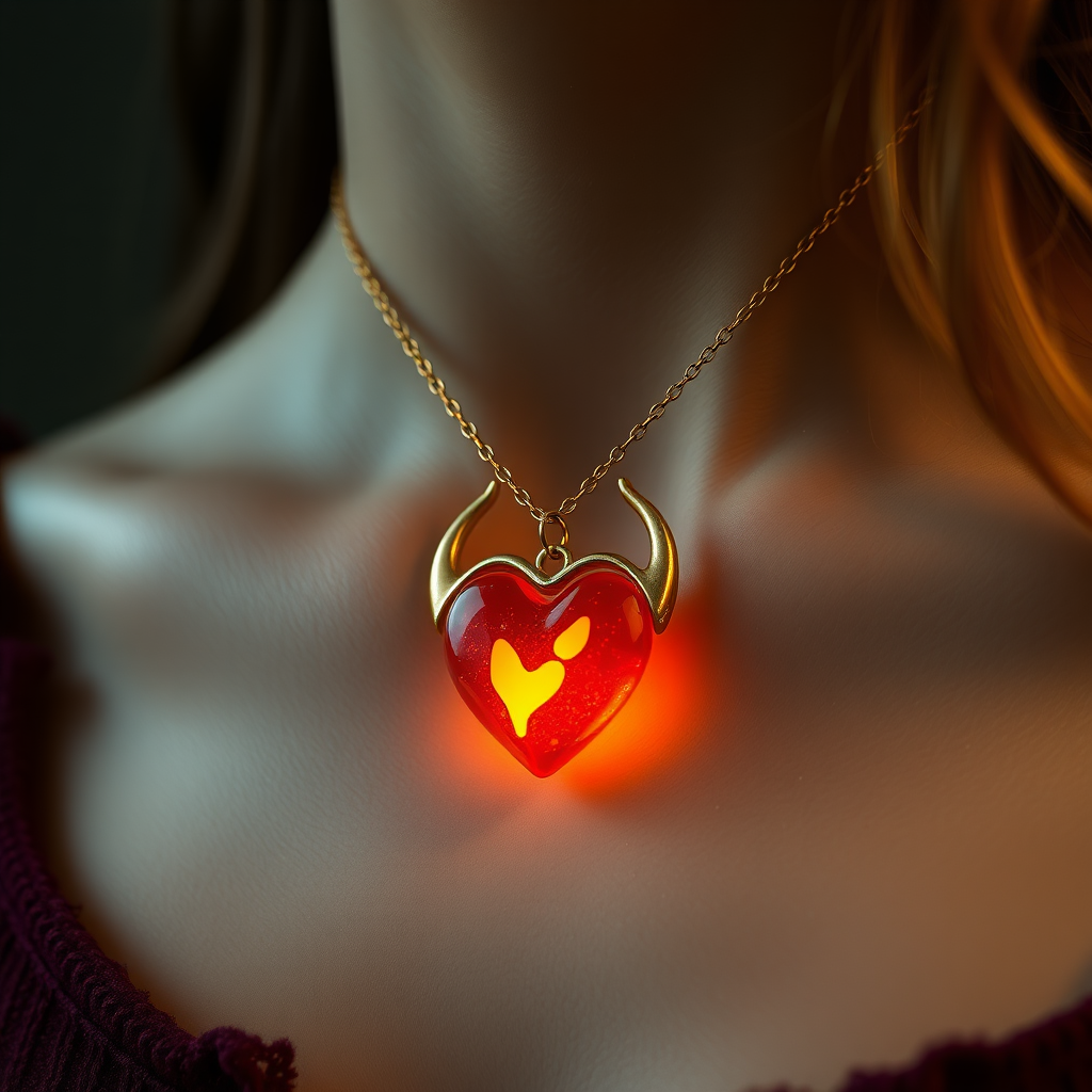 Minimal pendant fire resin pendant in heart style attached with golden chain on neck of a girl, in the style of fire heart, bent structure fairy tale, adafruit, tonalism, light gold, direct light, avant-garde style with diamonds to each horn.