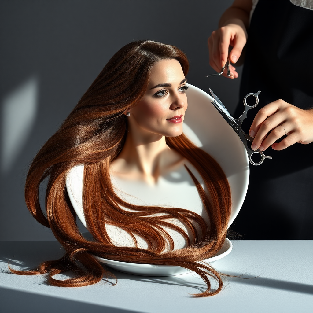 In a strikingly surreal scene, a beautifully crafted porcelain plate holds the disembodied head of a graceful Kate Middleton, her long, flowing hair cascading around like a luxurious waterfall of silky strands, shimmering in various shades of deep chestnut. Each hair seems to catch the light, creating an almost ethereal glow. Nearby, a meticulous hairdresser, dressed in a sleek black apron, carefully snips away at Kate's locks with precision scissors, their actions fluid and deliberate, emphasizing the delicate artistry of the moment.

The setting boasts minimalist decor, with a plain gray background that heightens the focus on this bizarre tableau. Soft shadows play across the smooth surface of the plate, enhancing the haunting beauty of Kate's serene expression, which conveys both elegance and an uncanny sense of stillness. The atmosphere is a blend of surreal calm and unsettling intrigue, pulling the viewer into a dreamlike space where reality and imagination intertwine. Gentle noises of scissors softly clipping away hair are the only sounds in this peculiar yet captivating scenario, heightening the tension and drawing viewers into this striking juxtaposition of beauty and the bizarre.