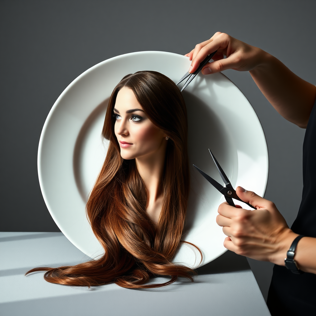 In a strikingly surreal scene, a beautifully crafted porcelain plate holds the disembodied head of a graceful Kate Middleton, her long, flowing hair cascading around like a luxurious waterfall of silky strands, shimmering in various shades of deep chestnut. Each hair seems to catch the light, creating an almost ethereal glow. Nearby, a meticulous hairdresser, dressed in a sleek black apron, carefully snips away at Kate's locks with precision scissors, their actions fluid and deliberate, emphasizing the delicate artistry of the moment.

The setting boasts minimalist decor, with a plain gray background that heightens the focus on this bizarre tableau. Soft shadows play across the smooth surface of the plate, enhancing the haunting beauty of Kate's serene expression, which conveys both elegance and an uncanny sense of stillness. The atmosphere is a blend of surreal calm and unsettling intrigue, pulling the viewer into a dreamlike space where reality and imagination intertwine. Gentle noises of scissors softly clipping away hair are the only sounds in this peculiar yet captivating scenario, heightening the tension and drawing viewers into this striking juxtaposition of beauty and the bizarre.