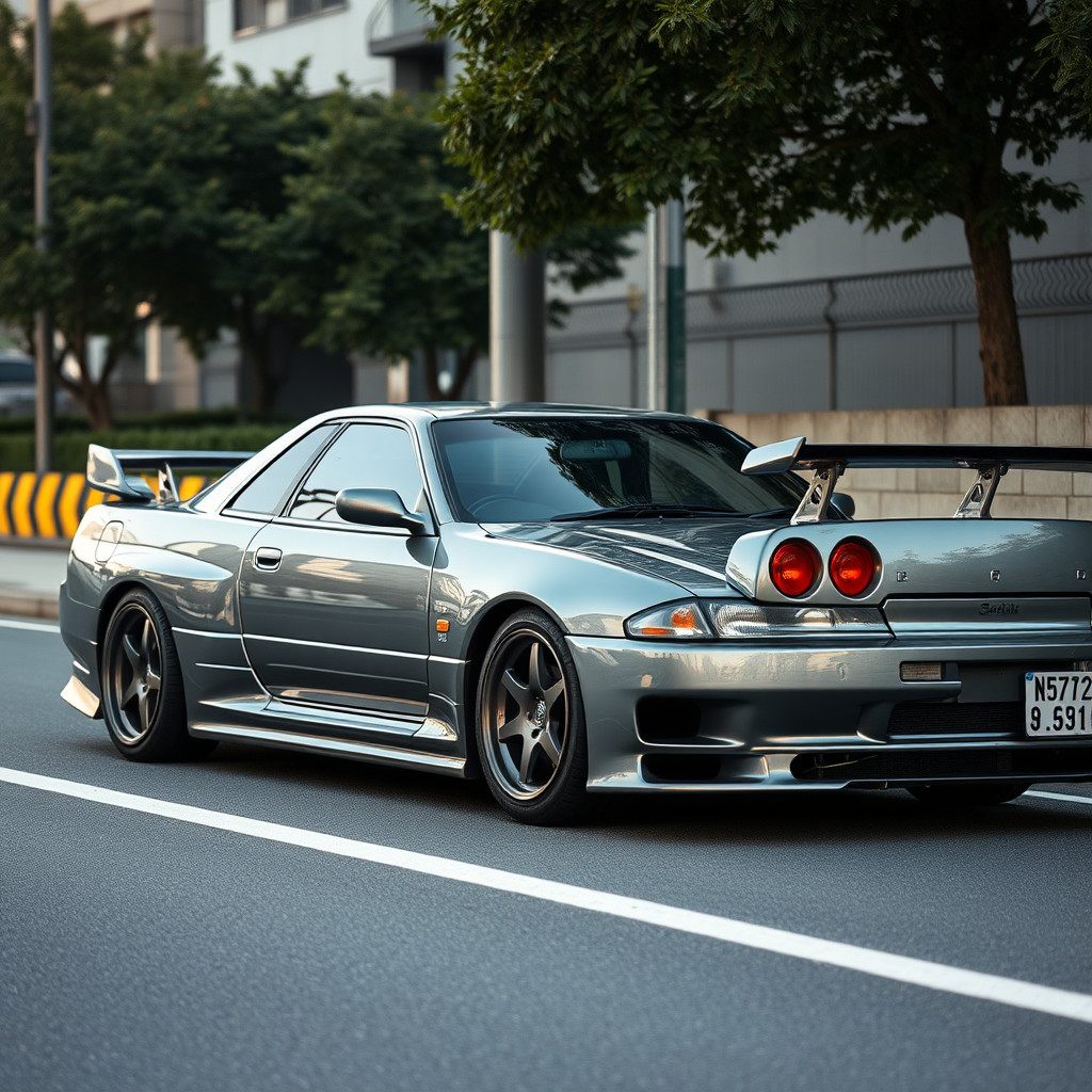 The car is parked on the side of the road, inspired by Taiyō Matsumoto, tumblr, restomod, nd4, c4 metallic shine gray black nissan skyline r34 tokyo arkaplan hatasız tam eksiksiz ayrıntılı genel gerçek detaylar en iyi fotoğraf poz sinematik hafif yağış su damlalar yansıma ıslak yol need for speed tarzı body kit