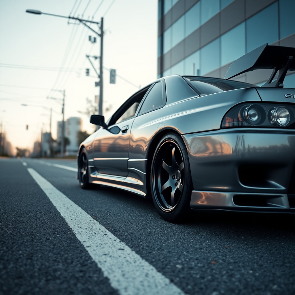 The car is parked on the side of the road, inspired by Taiyō Matsumoto, tumblr, restomod, nd4, c4 metallic shine gray black nissan skyline r34 kalabalik tokyo gece arkaplan