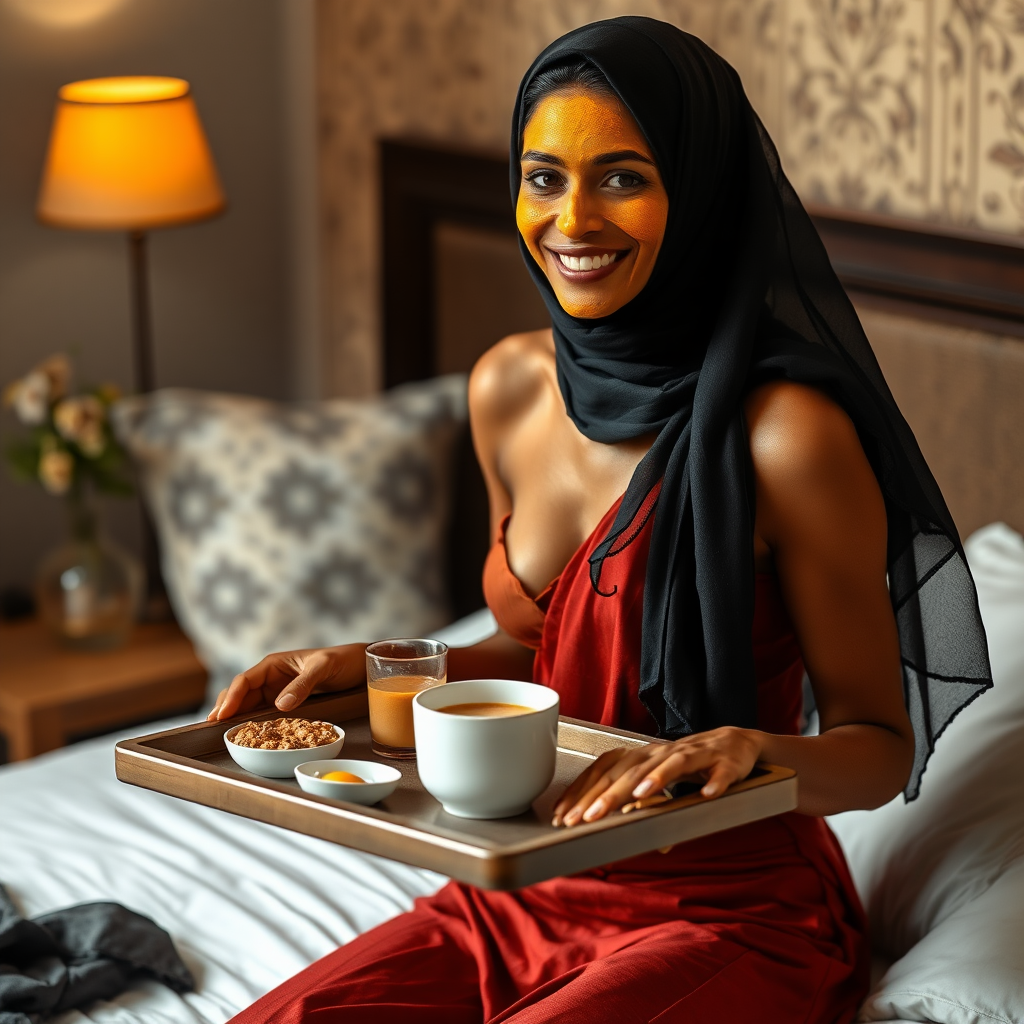 slim, 30 year old, sexy, indian wife, scarf head, turmeric face mask. She is smiling and serving breakfast on a tray on bedside table