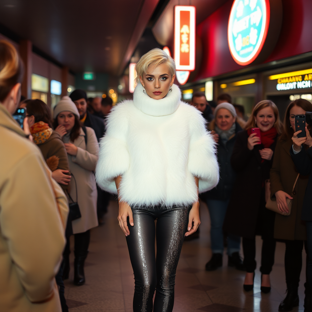 1990 winter evening, crowded cinema lobby: Sam, 19 years old beautiful involuntary femboy, rebellious intractable character, petite boyish figure, platinum blond boyish rebel punk hairstyle, flawless heavily made-up face with sharp arched tattooed eyebrows, wearing Supertanya-style fluffy very fuzzy bright white angora thigh-length turtleneck-poncho fully covering body and arms, silver-glitter leggings, black leather high-heeled pumps, silver earrings, puzzled alarmed, pout serious, impatiently waiting for her master. Other visitors watching laughing taking pictures. Full view of scene.