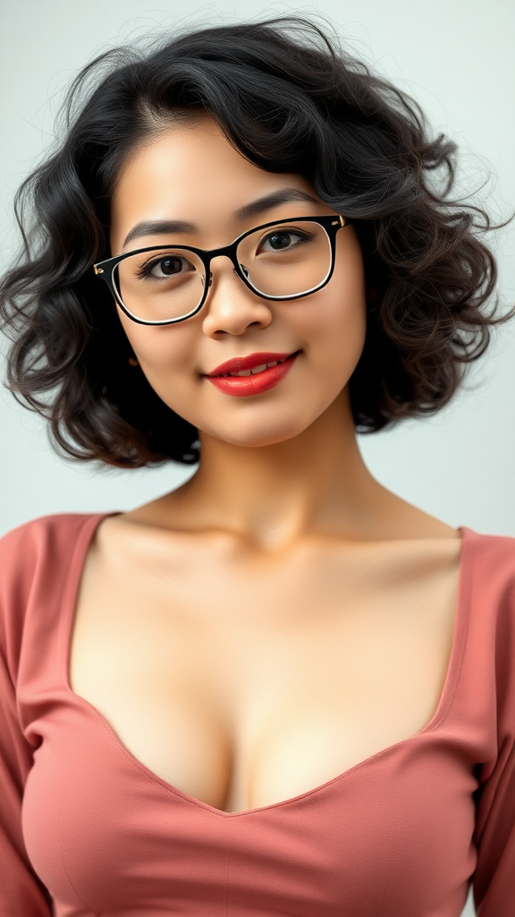 A beautiful Chinese woman, 30 years old, with short curly hair, wearing glasses, has a full figure, and a small chest.