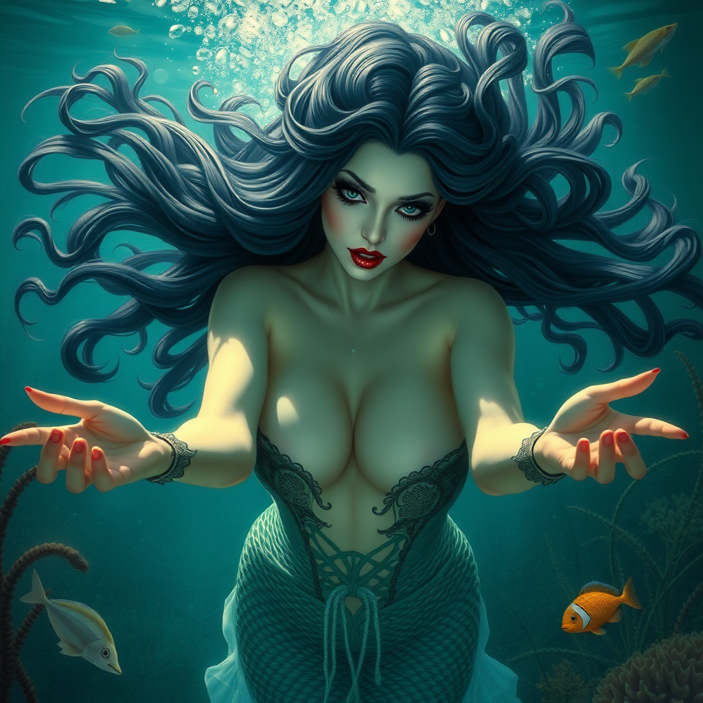 Vampirella as a mermaid underwater amazing loose flowing hair floating in a nimbus around her beautiful face her arms outstretched towards the viewer and she's looking down into the viewer's eyes making intense eye contact. loose fitting diaphanous. Burlesque. Stunning undersea life details plants and fish and other creatures of the sea.