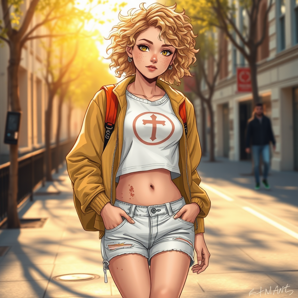 Realistic drawing style image, Extremely good quality 8k resolution drawn manga image of a 15 year old petite and short tomboy girl with golden blonde curly hair with mixed and different colored eyes for each eye and moles on her entire body and is a white American girl, Has on a Gold Jacket over a white extremely short crop top only covering her breasts and nothing more with a design on it, and has on ripped shorts and cool looking sneakers and a deep and big knife cut wound on her stomach from a huge injury she had, with a bright color backpack, ear piercings on, walking on the street to school in the morning with the beautiful sunlight lighting up her body beautifully with no tattoos.