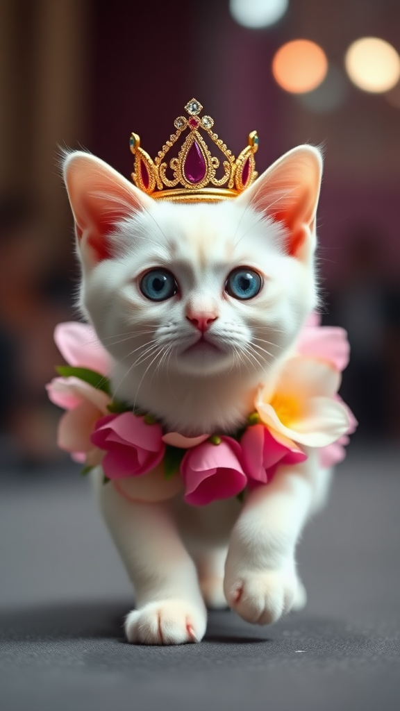 A little chubby big-eyed pink-nosed white cat walking on two paws wearing a real flower costume and a beautiful crown doing a ramp walk in a fashion show.