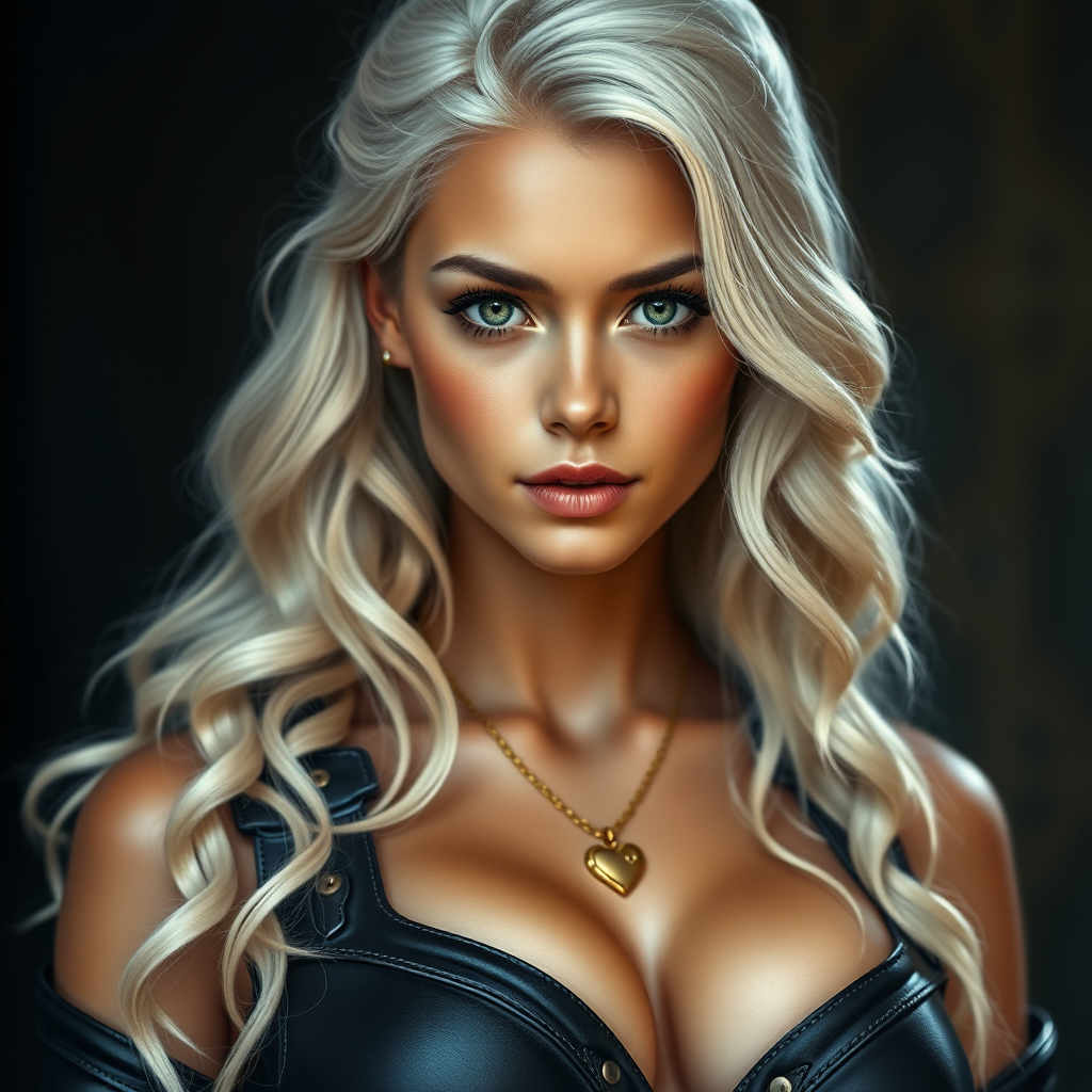 Portrait of a beautiful young woman with long wavy platinum blonde hair, green eyes, a suntan, light brown eyebrows, and large breasts. She is wearing black leather armor and a gold necklace with a small heart pendant.