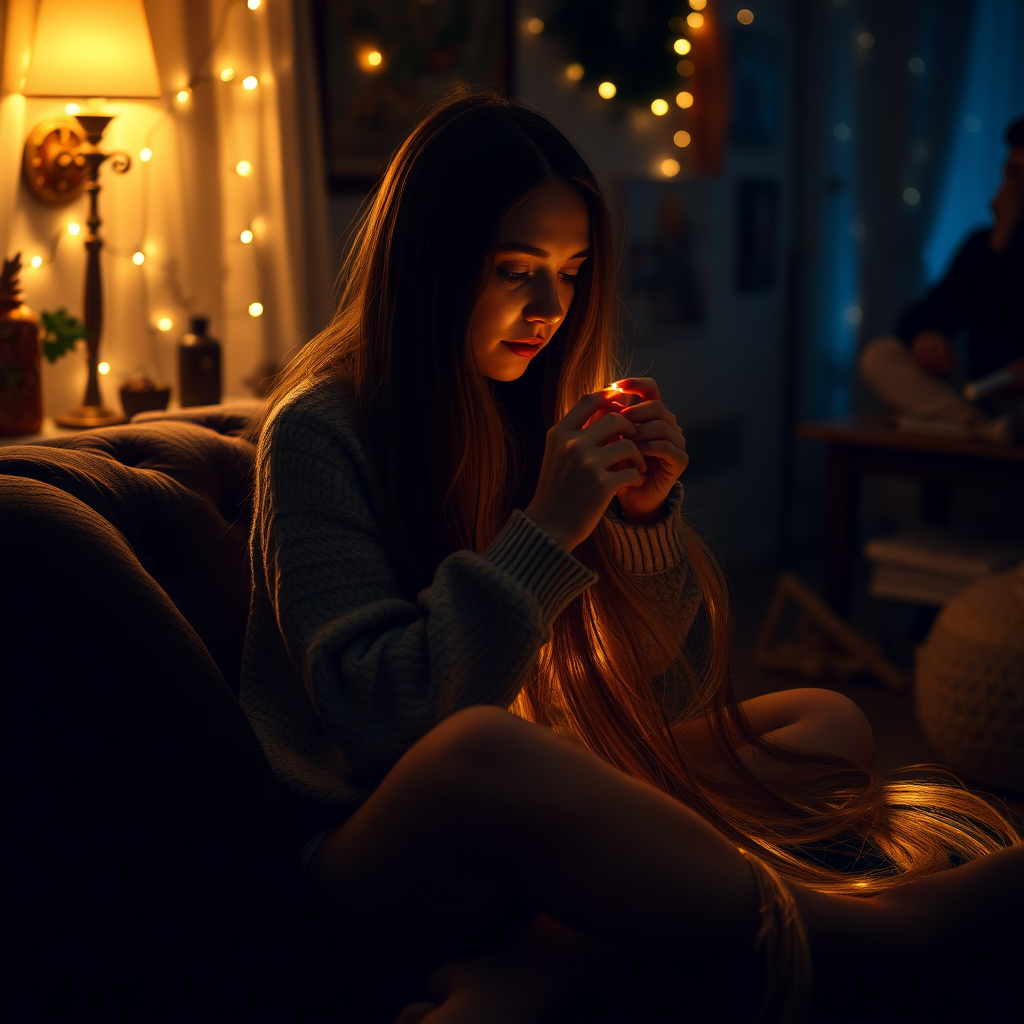 In a dimly lit room adorned with vintage decor, the soft glow of fairy lights dances off the walls, creating an intimate atmosphere. A figure, draped in a cozy oversized sweater, sits cross-legged on a plush, velvety chaise lounge, their fingers gently running through a cascade of silky, waist-length hair that shimmers under the warm light. Each strand glistens with rich shades of deep chestnut and honey highlights, swaying softly with the slightest movement, as the scent of jasmine and vanilla lingers in the air, adding a sweet touch to the serene setting. 

The figure's expression is a blend of curiosity and delight; their eyes sparkle with fascination as they twirl a lock of hair between their fingers, enjoying the feeling of its softness against their skin. The room is silent, save for the gentle rustle of hair and the faint sound of a melodic tune playing in the background, enhancing the enchanting ambiance. The feeling of longing and admiration is palpable, as they become lost in the moment, savoring the delicate connection between touch and the allure of cascading hair.