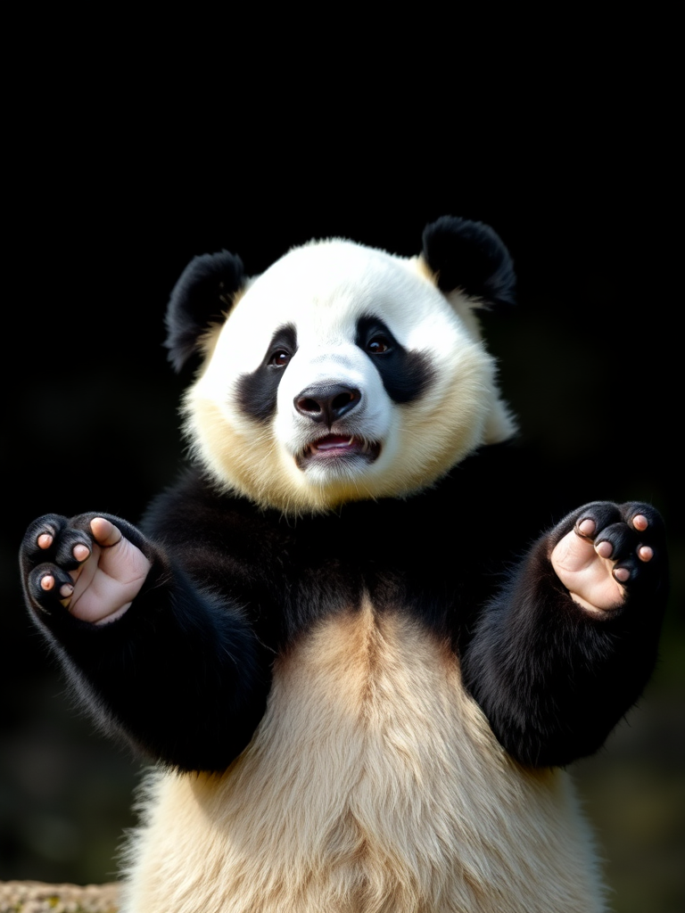 Picture of a panda bear looking into the camera while shrugging with his paws stretched out to the sides.