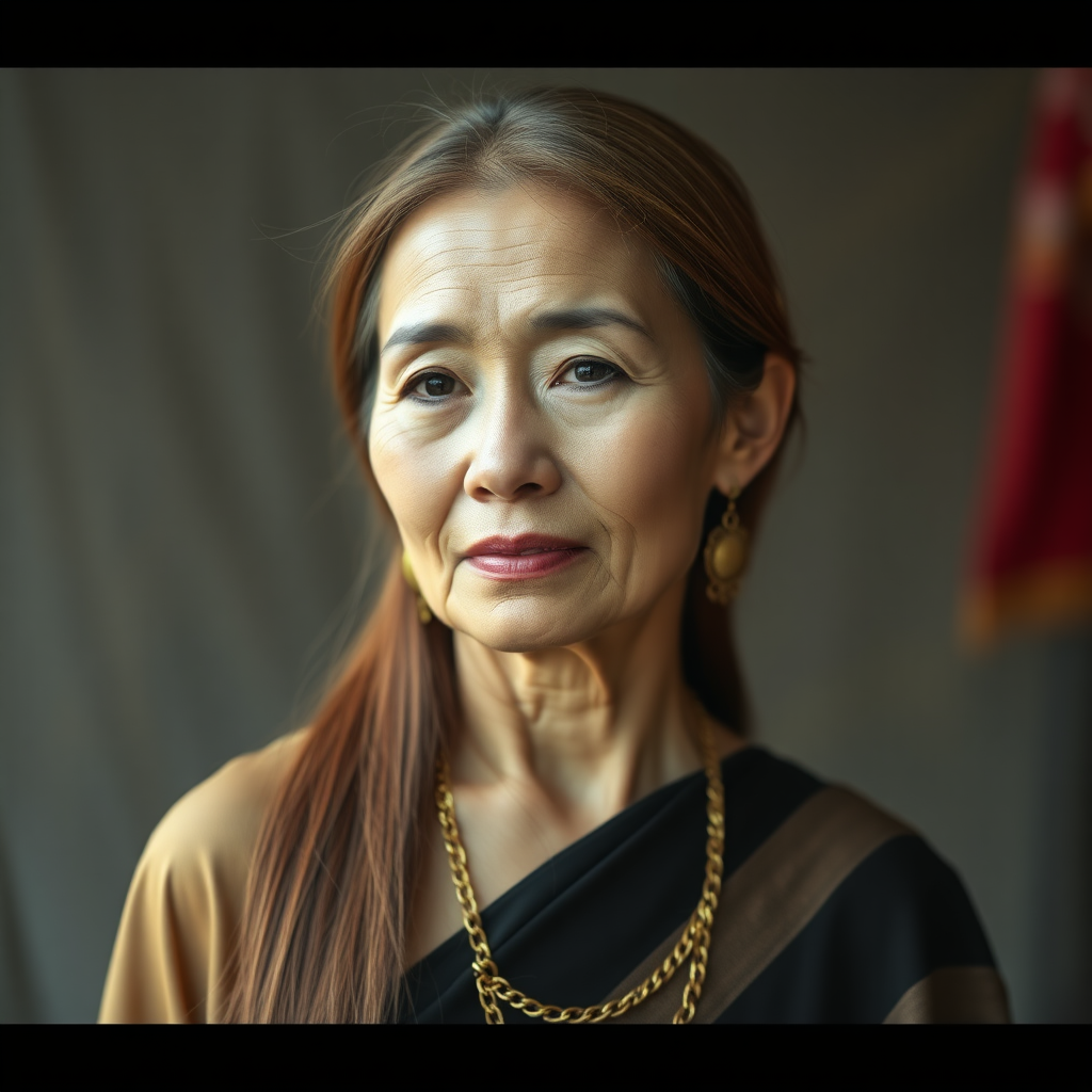 A absolutely surreal 50 Year old Thai Women with Chestnut colored long straight Hair and a fine Gold chain.