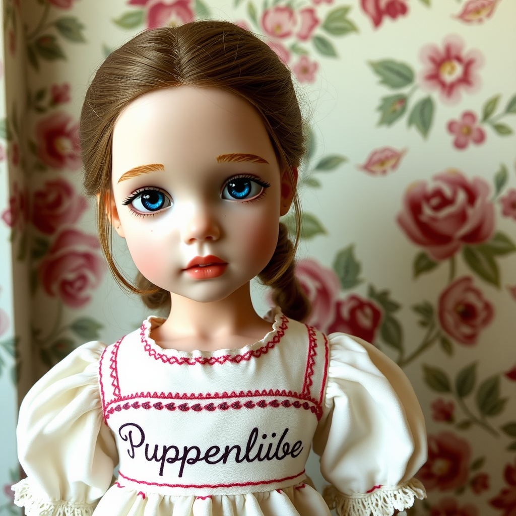 ooak art doll, artist doll, realistic doll, life-like porcelain doll, young preteen girl, attractive, unique personality, bisque doll, floral wallpaper, text "Puppenliebe" on dress, balanced colors, aesthetic art