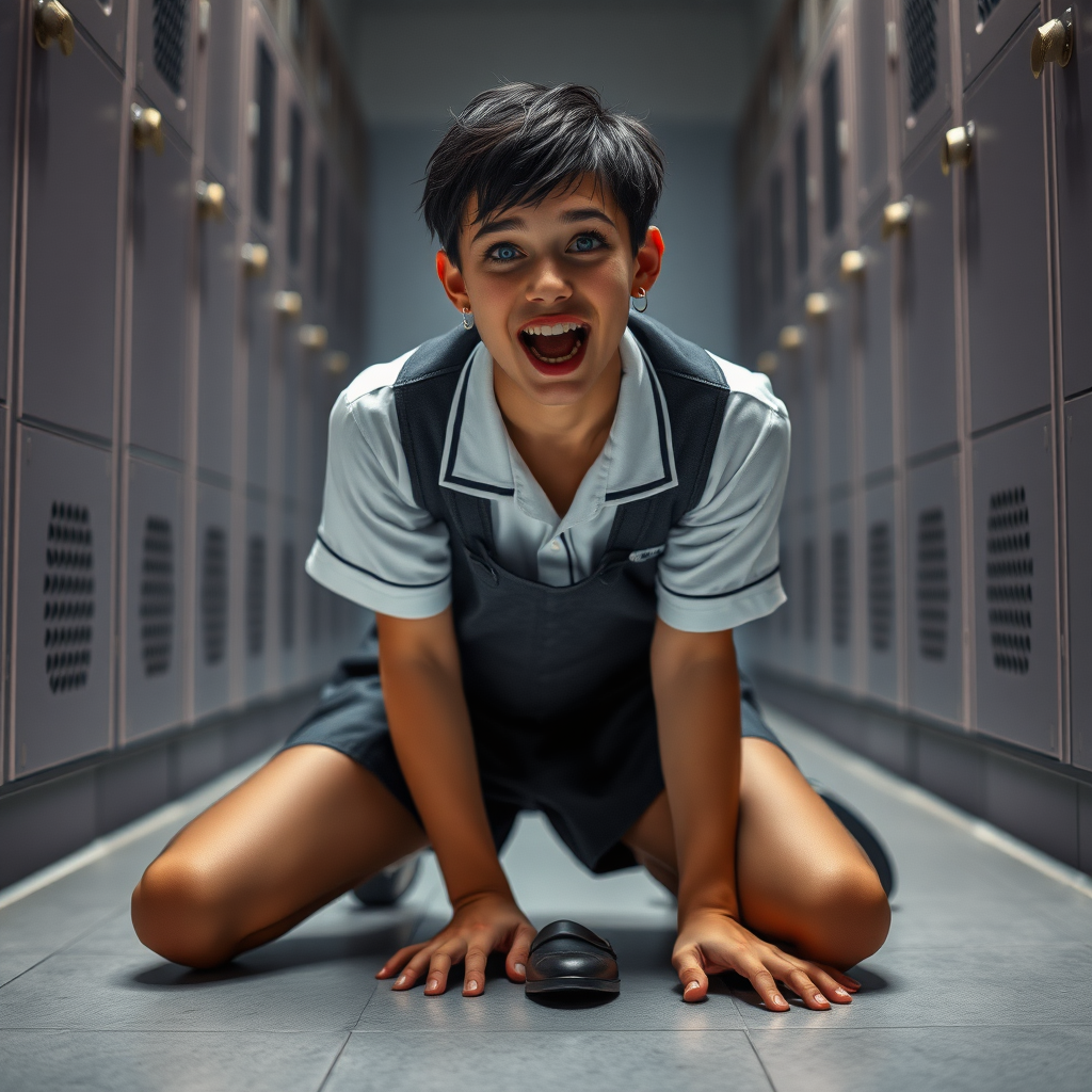 photorealistic, ultra high resolution, 16K, surreal fantasy, soft studio lighting, a pretty 17 year old goth male, slim male physique, short dark hair, blue eyes, goth makeup, earrings, sheer pantyhose, UK girls-school uniform, Mary-Jane shoes, kneeling on the floor of the locker room looking up at the camera, excited open mouth smile, drooling saliva, facing the camera.