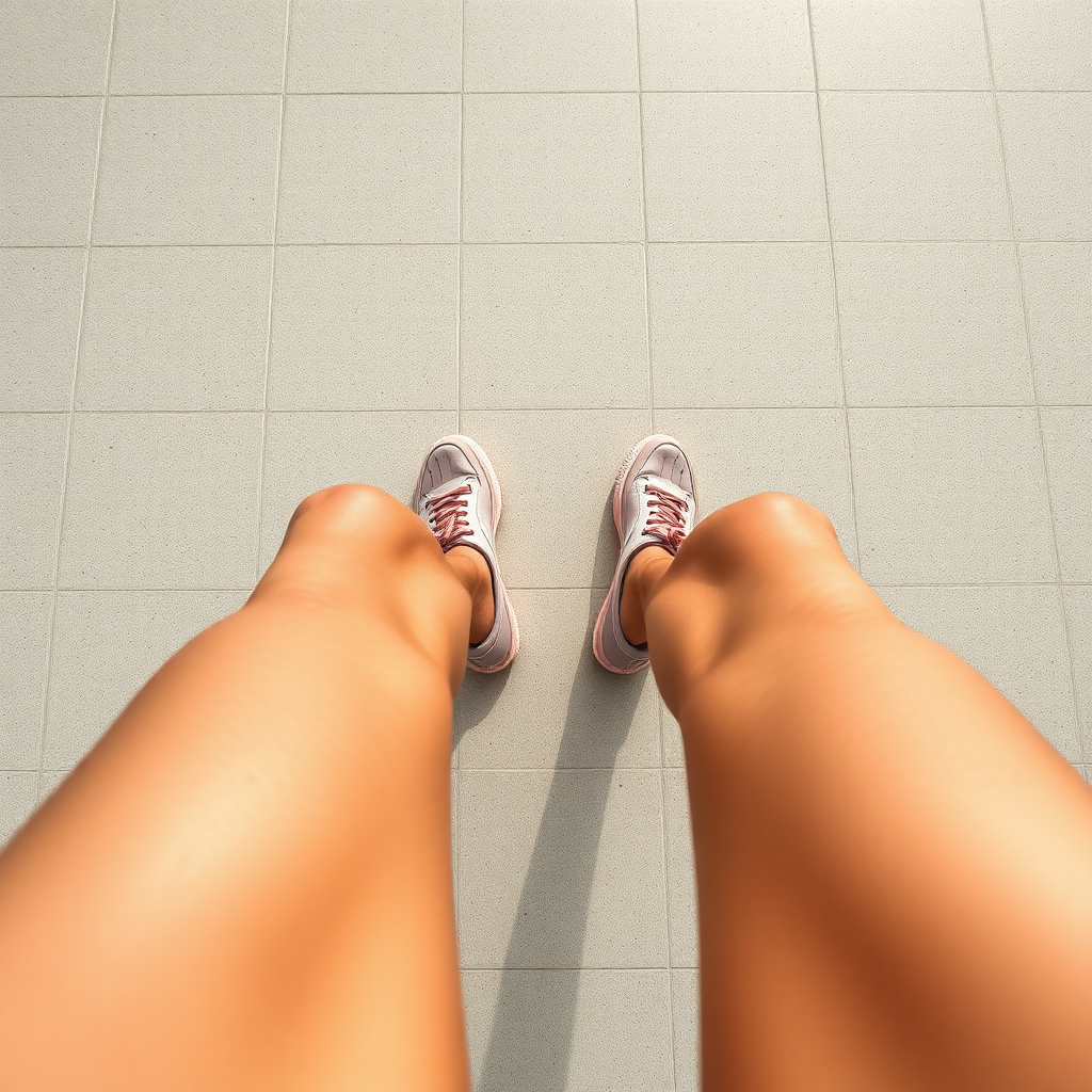 first person view from above, short shorts, bare long slender legs, walking,