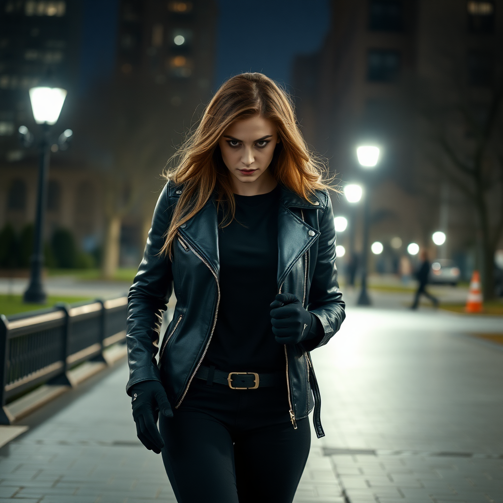 A beautiful angry female burglar in black leather jacket over black t-shirt with black pants and gloves in Manhattan park at night.