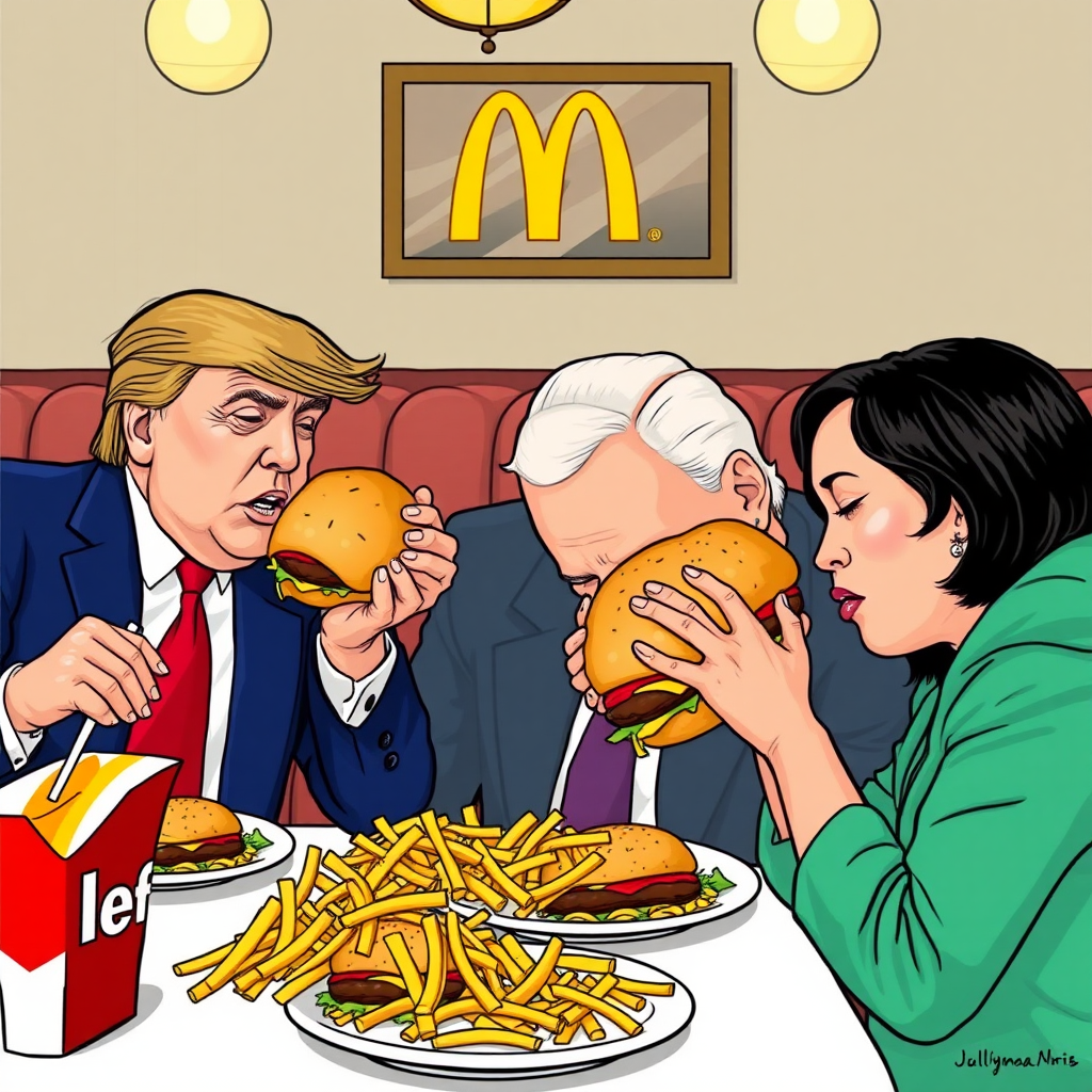 Donald Trump in a dining room eating tons of McDonald's for dinner with Joe Biden devouring two cheeseburgers and sleeping on the food with fries on his head, and Kamala Harris.