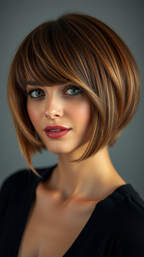 Beautiful model Diletta Leotta with a Bowl Cut hairstyle in various shades of color, with autumn chestnut foliage, in high definition.