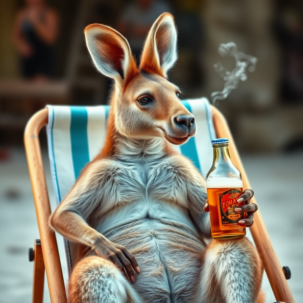 A realistic and in focus photo of a kangaroo sitting in a beach chair, he is smoking a cigarette with one hand and is holding a beer in the other.