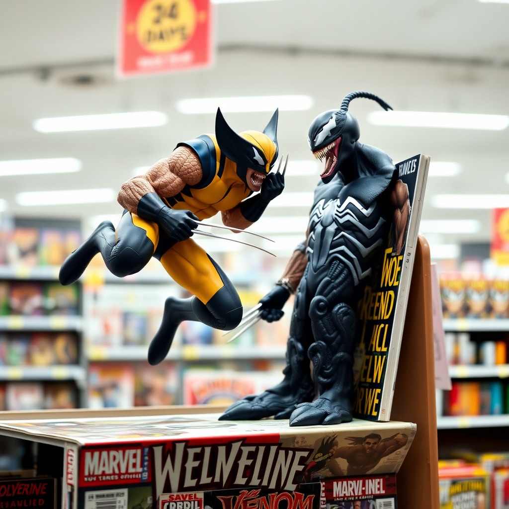 Jumping out of a Comic book cover on a store shelf is Wolverine and Venom. Wolverine has his claws placed into Venom in Cinematic Real3D photo-realistic quality.